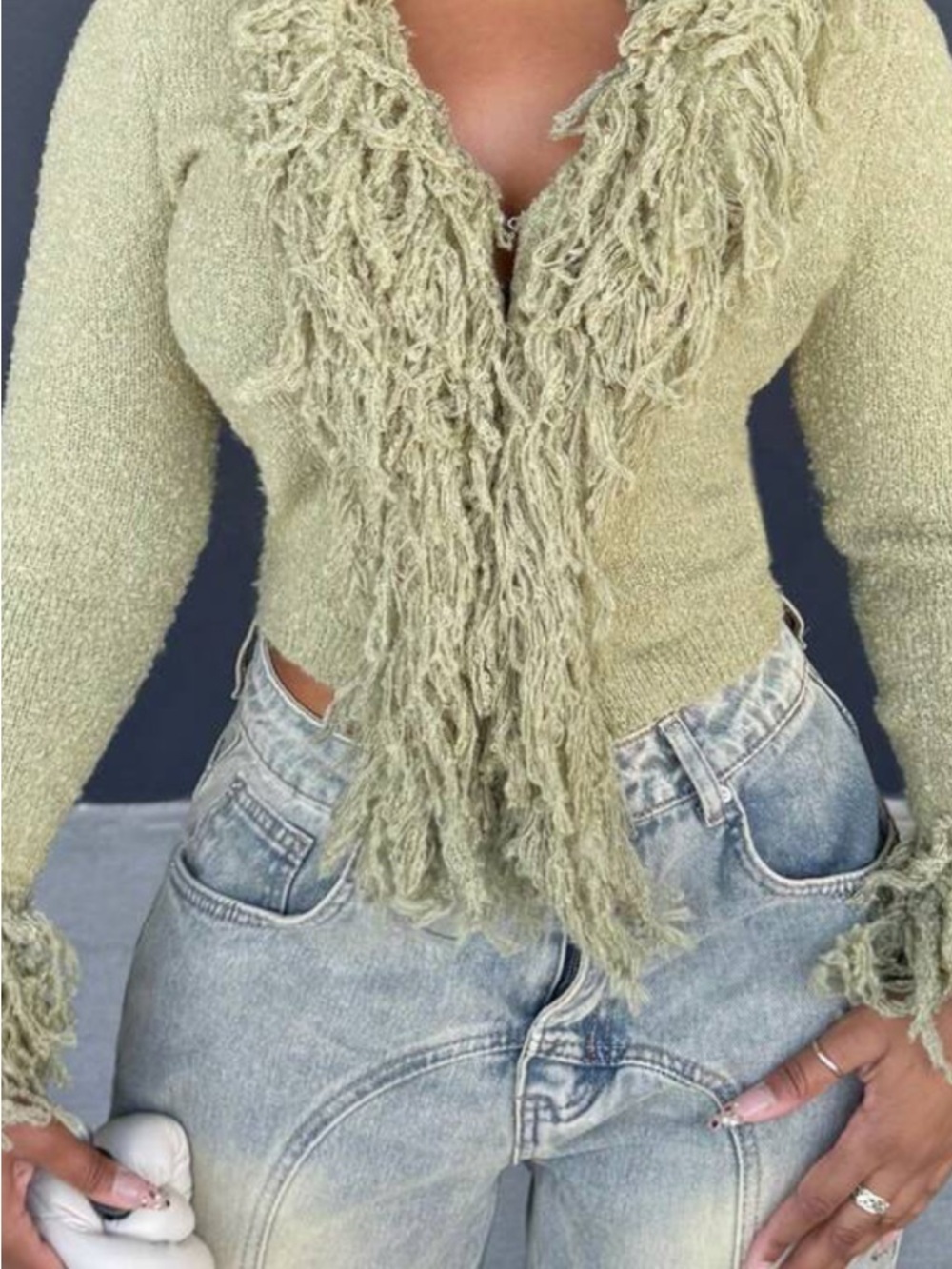 Textured Fringe Knit Cardigan in Sage Green